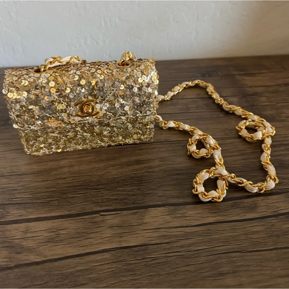 Vintage Chanel Micro Half Flap bag in gold sequin, ribbed satin, gold hardware